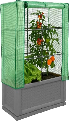DIVCHI Outdoor Raised Planter Box with Greenhouse PE Cover & Trellis | Large Plastic Garden Bed for Vegetables, Herbs, Climbing Plants | All-Season Grow Box | Outdoor Garden Plant Bed Trough