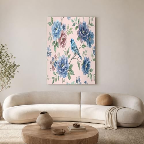 Toile salon pivoine oiseau bleu 60x90 decoration murale rose clair
