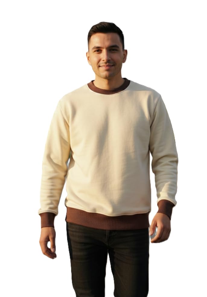 tqh Men's Casual Crewneck Sweatshirt, Cream with Brown Trim, Long Sleeve Pullover for Winter Wear-picture-27