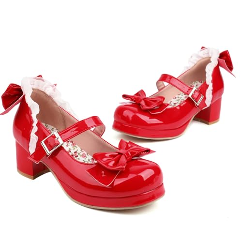KysBloes Women Kawaii Shoes Sweet Mary Janes Platform Lace Cute Pumps Mid Block Heel Buckle Pumps with Bow2