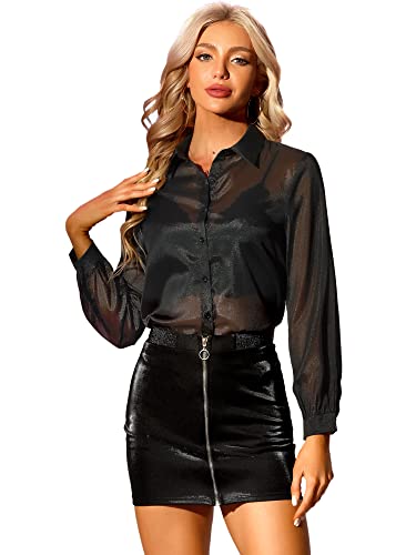 Image of Allegra K See Through Blouse for Women's Button Down Sheer Mesh Shirt