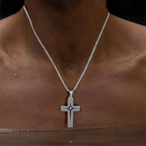Cross Necklace for Men, Stainless Steel Christian Cross Pendant Necklaces for Men, Silver Chain Necklace for Men, Fade-Resistant, Stylish Jewelry Gift for Him