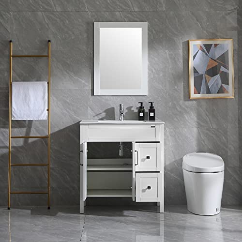 Walsport Bathroom Vanity With Sink 32 Inch White Undermount Ceramic Vessel Chrome Faucet Drain With Mirror Vanities One Sink Set #TOP7