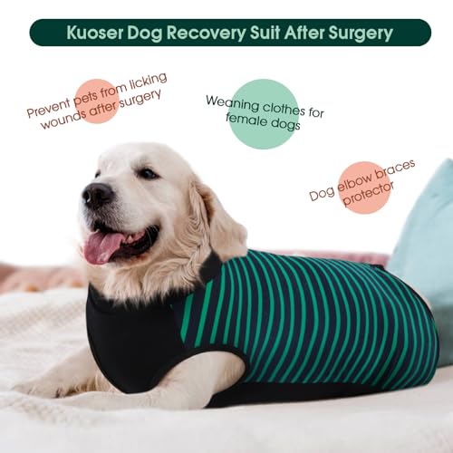 Image of Kuoser Dog Recovery Suit with Anti Licking Rear Leg Sleeve, Green 3XL | Abdominal Dog Surgical Suit with Pants Cover Protect Wounds, Dogs Elbow Protector Soft Pet Surgery Onesie Cone Alternative