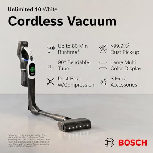 Image of Bosch Unlimited 10 Cordless Stick Vacuum Cleaner - 25 to 80 Min Battery, Pet Hair, Hard Floors, Carpets, HEPA Filter, Bendable Tube for Under Furniture, Upholstery, 3 Accessories, White