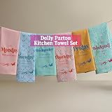 Dolly Parton Days of the Week Kitchen Towel Set - 100% Cotton Soft Durable Dishtowel Décor with Dolly Signature Embroidery, Cute Phrases, and Butterflies for Everyday Use - Butterfly Multi Colored 6pk
