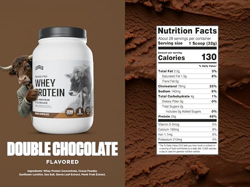 Image of Levels Grass Fed Whey Protein Powder, No Artificials, 24G of Protein, Double Chocolate, 2LB