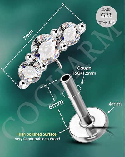 COCHARM G23 Titanium Tragus Helix Cartilage Earring Stud Flat Back Surgical Steel Helix Cartilage Piercing Jewelry 16g Threadless Climb Conch Jewelry Push Pin Silver Lobe Stud 6mm 8mm3