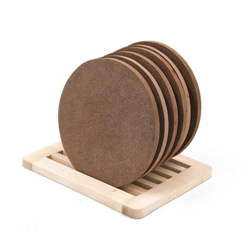 Image of IVEI MDF DIY Coasters with Holder Stand - MDF Plain Wooden Coasters & Holder Blank Cutouts for Painting, Sheet Craft, Decoupage, Resin Art Work & Decoration (Round with Wooden Stand)