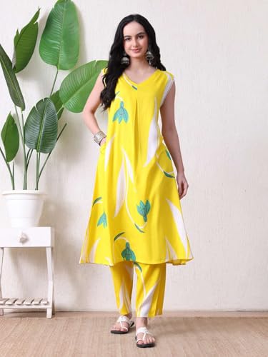 Image of Amazon Brand - Tavasya Women Cotton Anarkali Kurta Pant Dupatta Set | Printed Ethnic Suit Set | Flared Anarkali Kurta with Pant & Dupatta | Festive & Casual Wear