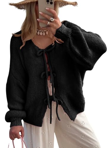 Image of chouyatou Women's Cute Bow Knot Cardigan Fall Casual Oversized Ribbed Knit Sweater Cardigan Tops