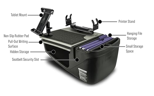 Image of AutoExec AE-GMCD-PS-TAB-GT GripMaster Car Desk for Your Vehicle Workstation and Mobile Office, Grey with Printer Stand and Tablet Mount