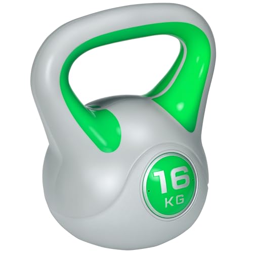 SPORTNOW Pesa Rusa 16 kg, Kettlebell Revestimiento de PU y Relleno de Arena, Mango Ancho, para Entrenamiento Culturismo, en Casa, Gimnasio, Verde y Gris