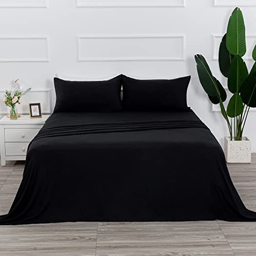 Image of 4 Piece Bed Sheet Set (Full,Black) 1 Flat Sheet,1 Fitted Sheet and 2 Pillow Cases,Brushed Microfiber Luxury Bedding with Deep Pockets