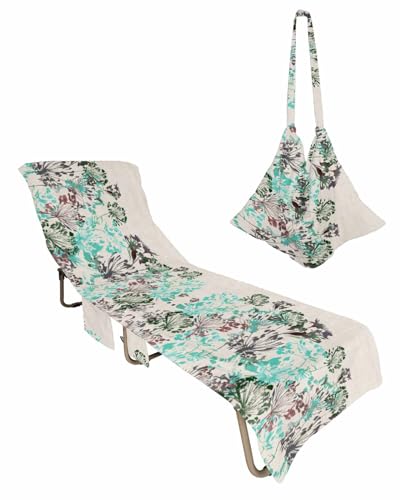Teal Black Beach Chair Towel Covers for Chaise Lounge with Side Pocket, Soft Plush Pool Towels Cover for Patio Sunbathing Outdoor 29''x85'' Brown Flower Vintage Watercolor Blossom