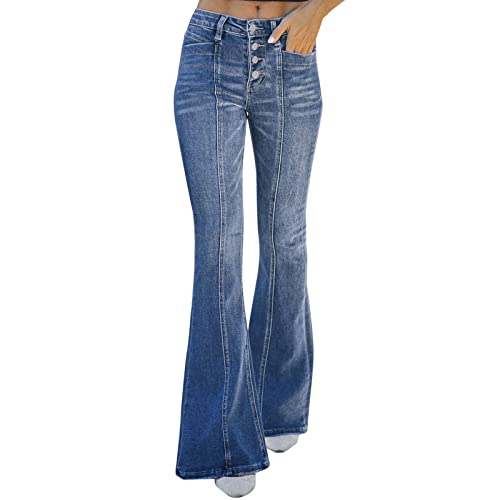 Jean lâche pour femmes avec boutons et taille haute élastique en denim mince