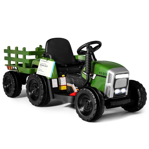 COSTWAY 12V 3-Gang Traktor mit abnehmbarem Anhänger und 2,4G...