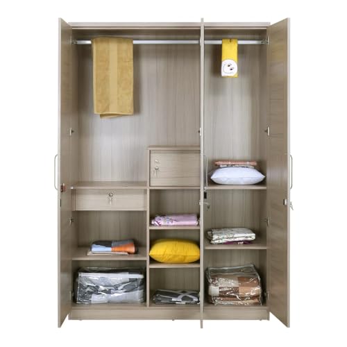 Image of 3 Door Wardrobe in Frosty White and Oak Finished for Clothes and Bedroom / 3 Door Wardrobe with Locker and Drawer