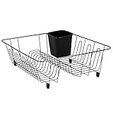 Home Basics Vinyl Coated Wire Dish Rack with Utensil Holder | Neutral Colors | Match Any Kitchen Decor | Slots for Plates | Loops for Mugs & Glass (Small Black)