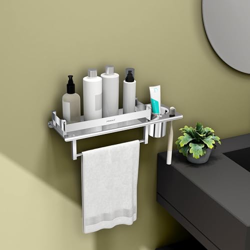 Image of Plantex (Primax) Stainless Steel Nickel 3 in 1 Multipurpose Bathroom Shelf, Towel Hanger (Chrome, Silver, 15 x 5 Inches)