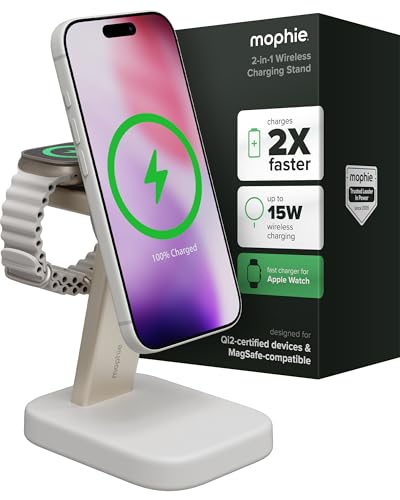 Mophie 2-in-1 Wireless Charging Stand - Qi2-Certified MagSafe Charger for iPhone & Apple Watch Fast Charging Station with Adjustable Phone Stand & Cable Management Up to 15W Power
