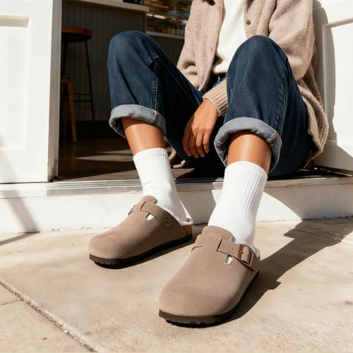 Image of KIDMI Women's Fur Lined Genuine Suede Clogs Fuzzy Cork Footbed Potato Shoes | Adjustable Metal Buckle, Non-slip Rubber Soles, Cushioning, Cozy and Warm, Supportive, Indoor, Outdoor, Winter, Casual