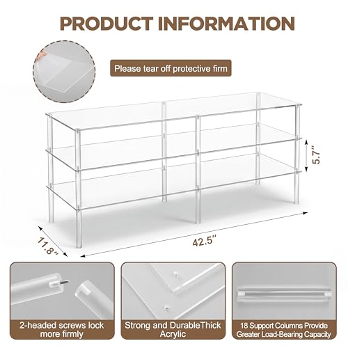 Image of 3-Tier Acrylic Shoe Shelf, Clear Acrylic Organizer, 42.5 inch L x 11.8 inch W, Each Tier Holds up to 6 Pairs of Heels, Sneakers, Flats, Ideal for Closet, Entryway, Bedroom, Easy Assembly