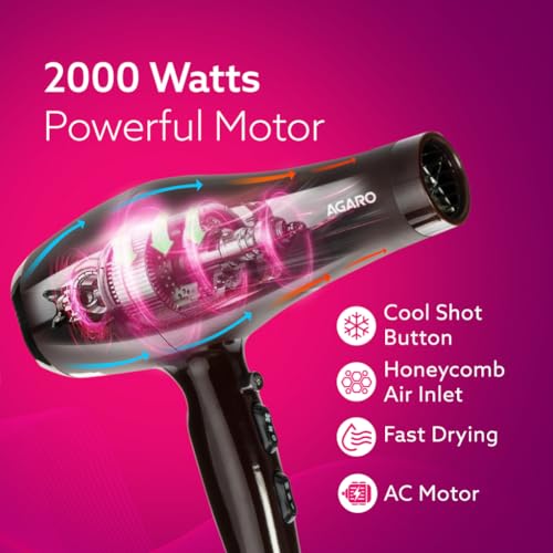 AGARO HD-1120 2000W AC Professional Hair Dryer with Comb, Concentrator & Diffuser Nozzles, Hot & Cold Air, 2 Speed & 3 Temperature Settings with Cool Shot, Hair Dryer & Blower... - Image 4
