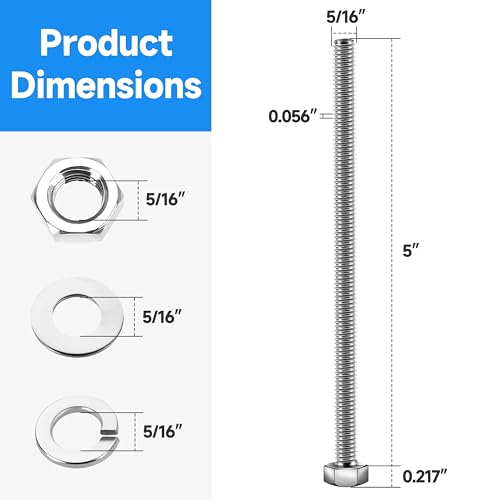 Image of (6 Sets) 5 /16-18 x 5 inch, 5 /16 Bolt Hex Head Screws Nuts and Bolts Kit with 5 /16 Stainless Steel Bolts, Nuts Bolts Washers Assortment, Fully Threaded by Marysino