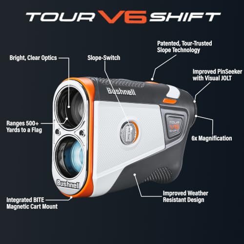 Image of Bushnell Golf Tour V6 Shift Laser Rangefinder with Slope Compensation, 1300-Yard Range, Flag Lock Vibration, Magnetic Cart Mount, 6X Magnification, Waterproof - Tournament Legal