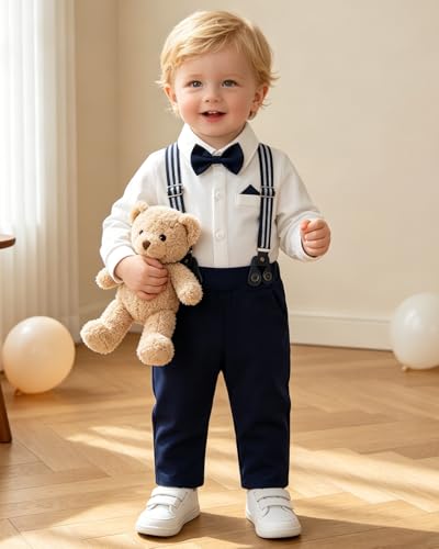 Image of SALNIER Baby Boy Suit Set Infant Formal Outfit Tuxedo | Soft Cotton Shirt Suspenders Pants Bow Tie Beret Hat 5pcs Set, For Wedding Baptism Birthday Party