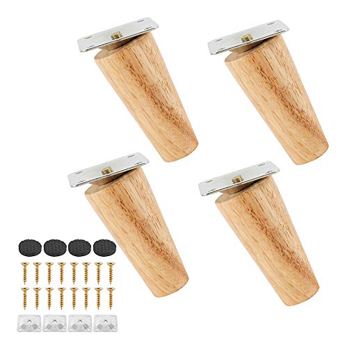 Lot de 4 Pied de Meuble en Bois Massif, Jambes de Canapé Remplacement avec Tapis Antidérapant,Plaque de Montage et Vis pour Lit, Armoire, Tiroir (8cm, Pied incliné)