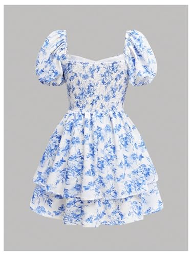 Girl's Floral Summer Dress Layer Ruffle Sweetheart Neck Short Puff Sleeve A Line Casual Dress2