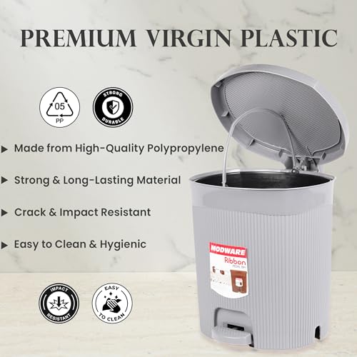 Image of MODWARE Premium Ribbon Plastic Pedal Dustbin with Removable Inner Bucket I PP Polypropylene Material I Foot Pedal for Hands-Free operation I for Kitchen, Office, College (Grey)