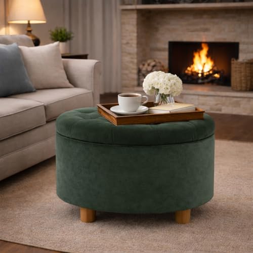 Image of HomePop Home Decor | Large Button Tufted Velvet Round Storage Ottoman | Ottoman with Storage for Living Room & Bedroom, Loden Green Velvet, 28 inch