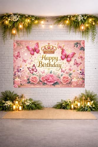 Image of Happy Birthday Theme Backdrop Banner 5x7 ft - Digital Print Cloth Background, Reusable Birthday Party Wall Decoration for Girls, Photo Booth & Stage Decor (BD 32)