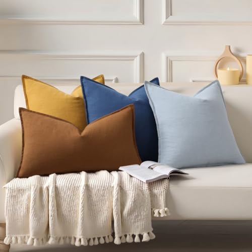 Image of decorUhome Decorative Linen Throw Pillow Covers 12x20 Inch Set of 2 Blue Lumbar Neutral Pillow Covers with Flange Edges Soft Farmhouse Boho Accent Pillow Cases for Couch Bed Living Room