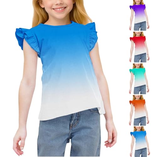 Girls Ruffle Flutter Sleeve T-Shirts Cute Gradient Summer Tops Loose Crewneck Casual Tees for Kids 3-15 Years2
