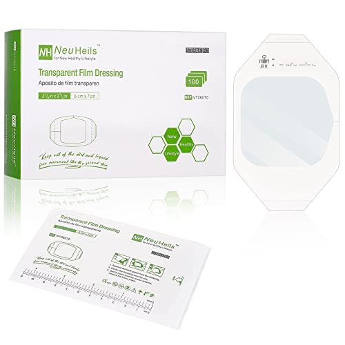 NeuHeils Transparent Film Dressing 2 3/8'' x 2 3/4'', 100 Pack, Waterproof Wound Cover Bandage, Clear IV Catheter Tape, Adhesive Patch, Shower Shield