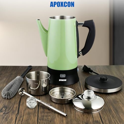 Image of APOXCON Electric Coffee Percolator Stainless Steel Coffee Maker with Glass Knob & Keep Warm Elegant Coffee Pot with On /OFF Switch - No Aluminum No Plastic Contact with Beverage Green (12 Cup)