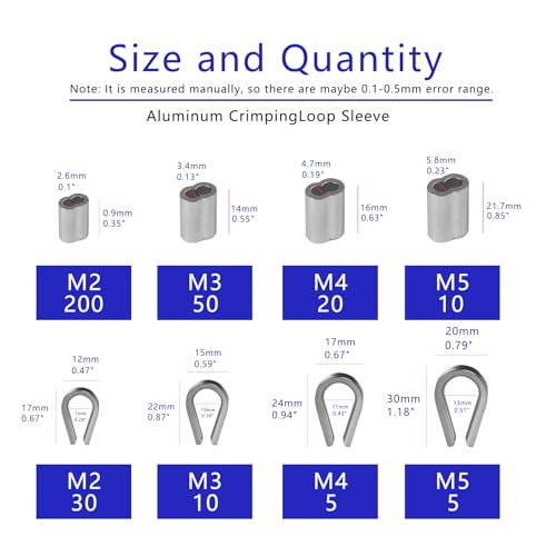 Yamaso SKU10765 330Pcs Stainless Steel Wire Rope Cable Thimbles Aluminum Crimping Loop Sleeve 1/16'' 1/8'' 3/16'' 5/32'' thumb #1