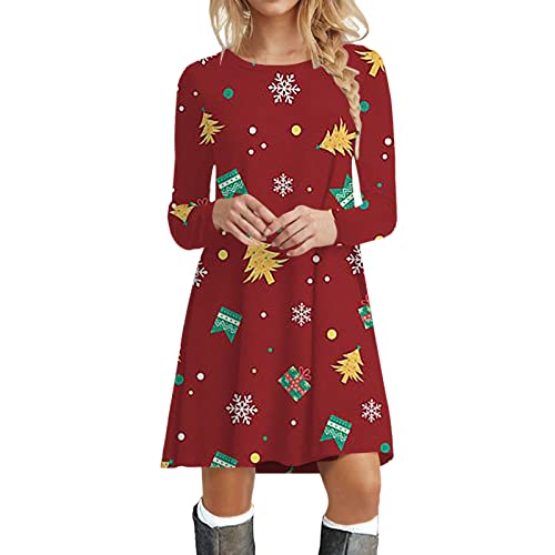 Weihnachtskleider Damen Langarm Kleider, Retro a Linie Weihnachten Druck Kleid Lustig Elegant Weihnachtskostüm XXL Große Größen Plisseekleid...