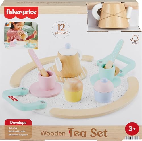 Fisher-Price Wood Pretend Play Toy Tea Set, 12-Piece Wooden Playset with Teapot, Cups & Saucers for Preschool Kids Ages 3+ Years