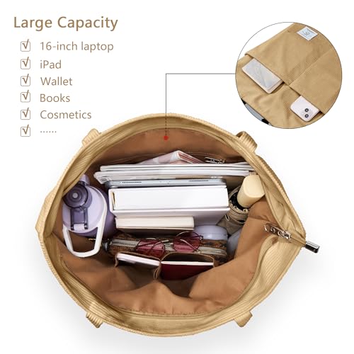 Image of KALIDI Women Corduroy Tote Bag Zipper Casual Tote's Handbag Big Capacity Shoulder Bag with Pockets