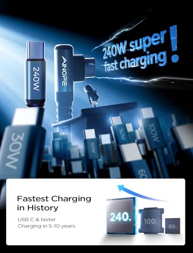 Image of AINOPE 240W High Speed USB C Cable [6.6ft] USBC to USBC Cable, Right Angle C to C Cable Fast Charging Compatible with iPhone 16 Charger Cord, iPad Pro,MacBook Air 2024 M4,Samsung Galaxy S24, Grey