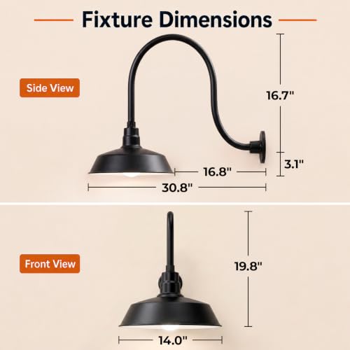 Image of 14in. Satin Black Outdoor Gooseneck Barn Light Fixture With 24in. Long Extension Arm - Wall Sconce Farmhouse, Vintage, Antique Style - UL Listed - 9W 900lm A19 LED Bulb (5000K Cool White)