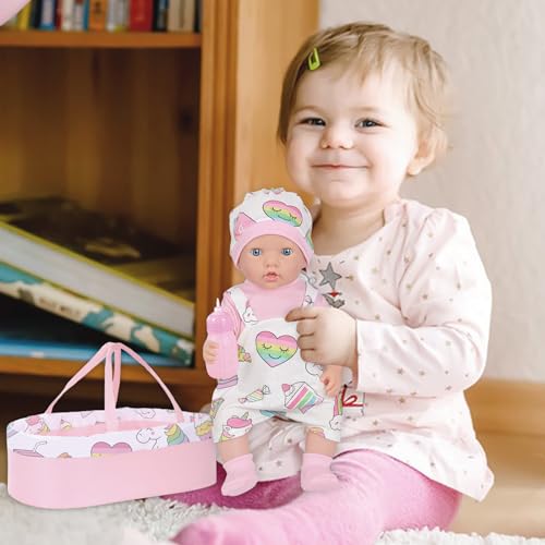 K.T. Fancy 8 Pcs Creamy Pink Baby Doll Bassinet & Accessories fit 18-22 Inch Doll, Baby Doll Clothes Outfit and Bassinet with Unicorn and Rainbow Pattern