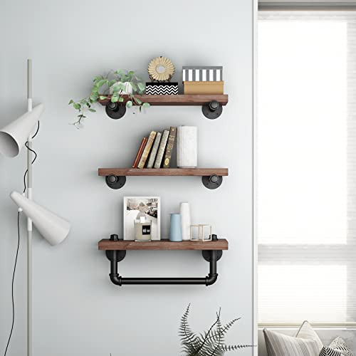 Bosuru Industrial Iron Pipe Shelves Wall Mount Wood Floating Shelf Rustic Diy Storage Shelving With Towel Rack For Bathroom,Living Room,Bedroom(Black,3-Tier) #TOP4