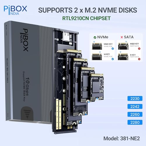 Image of NVME M2 Enclosure Dual, PiBOX India NVMe SSD Enclosure - USB 3.2 10Gbps, Tool-Free M.2 NVMe Case, PCI-E NVMe Reader, USB-C, Supports M & B&M Keys, 2230 /2242 /2260 /2280 SSDs, REALTEK RTL9210 Chipset