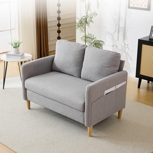 VINGLI 47" Small Couch, Linen Loveseat Sofa Light Grey Mini